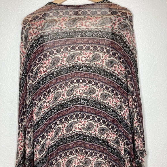 Mauve Anthropology Paisley Kimono Cardigan Medium Fringe Open Front Boho Brown - Picture 14 of 15